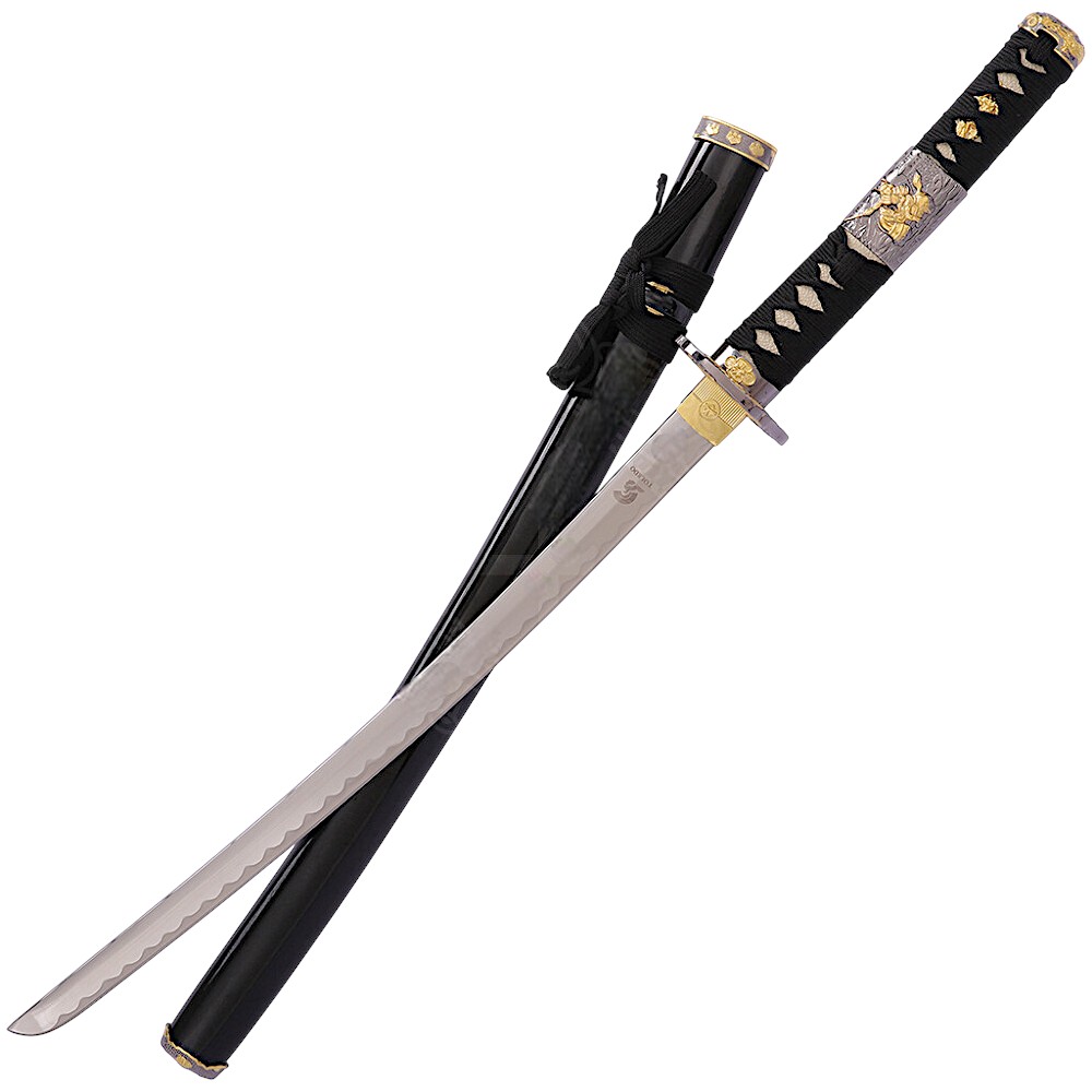 Wakizashi con vaina negra y empuñadura con aplicado de metal