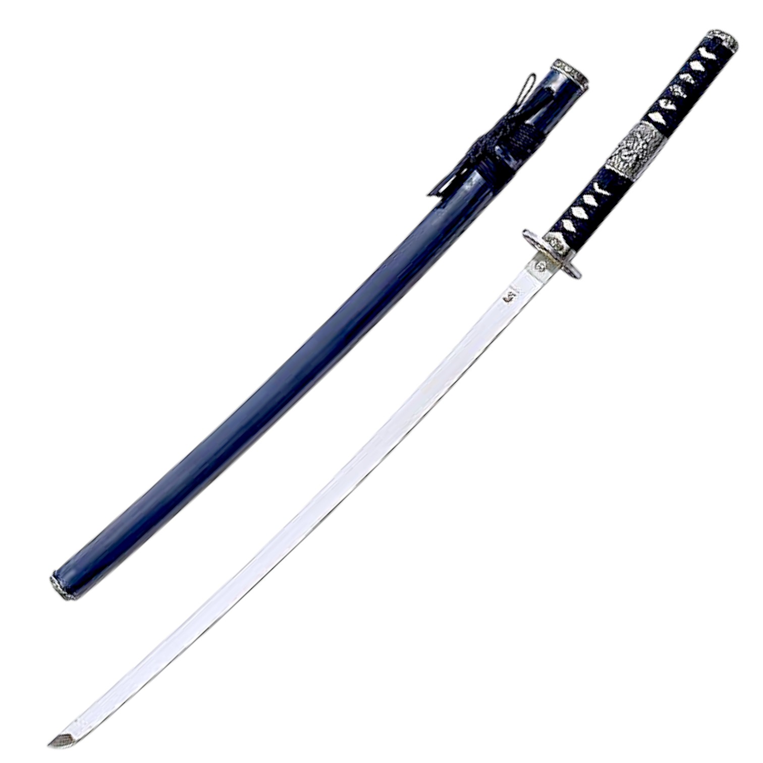 Katana con vaina azul y rodela de plata