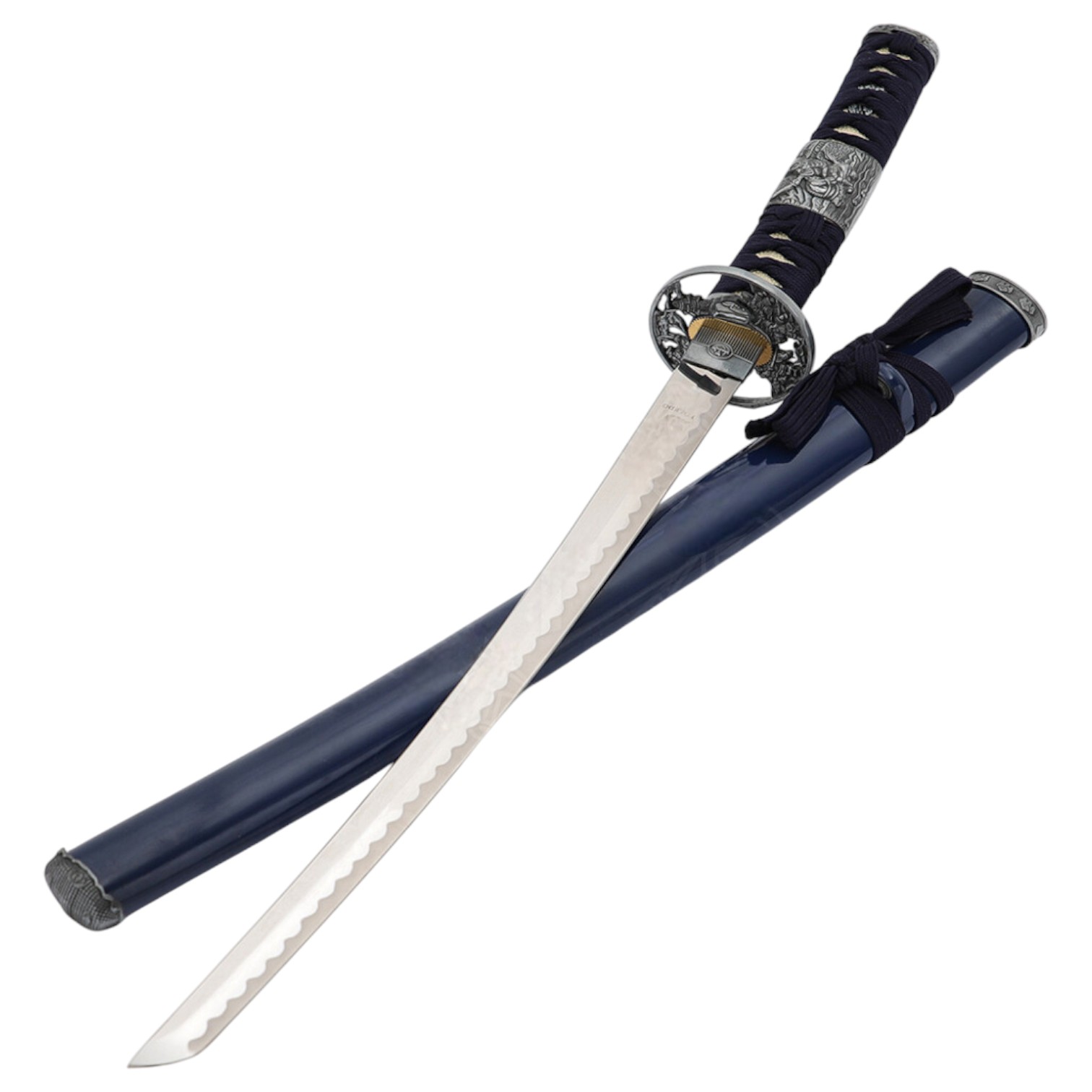 Wakizashi con vaina azul y rodela de plata