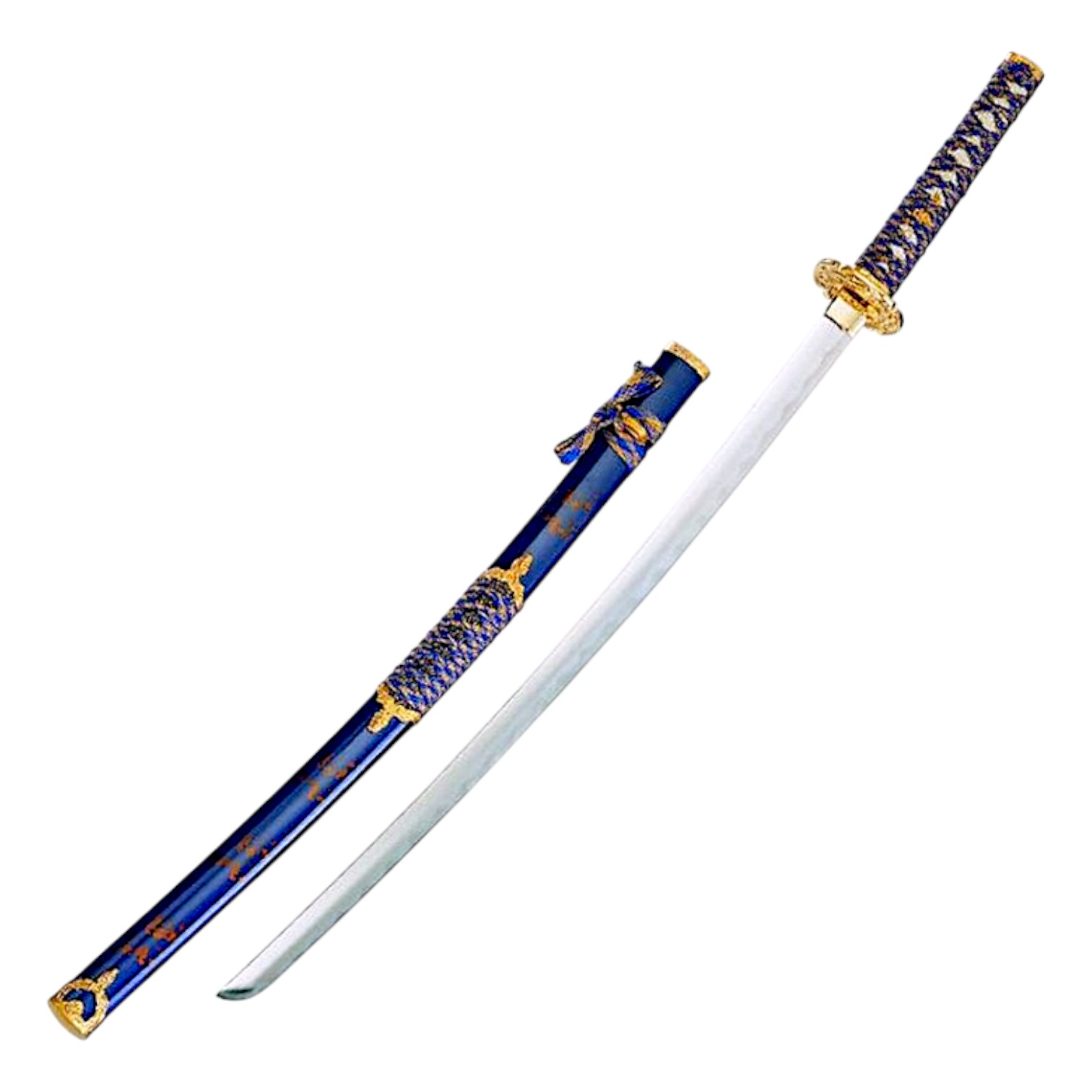 Katana con mango trenzado azul y oro