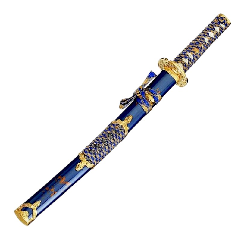 Wakizashi con mango trenzado azul y oro