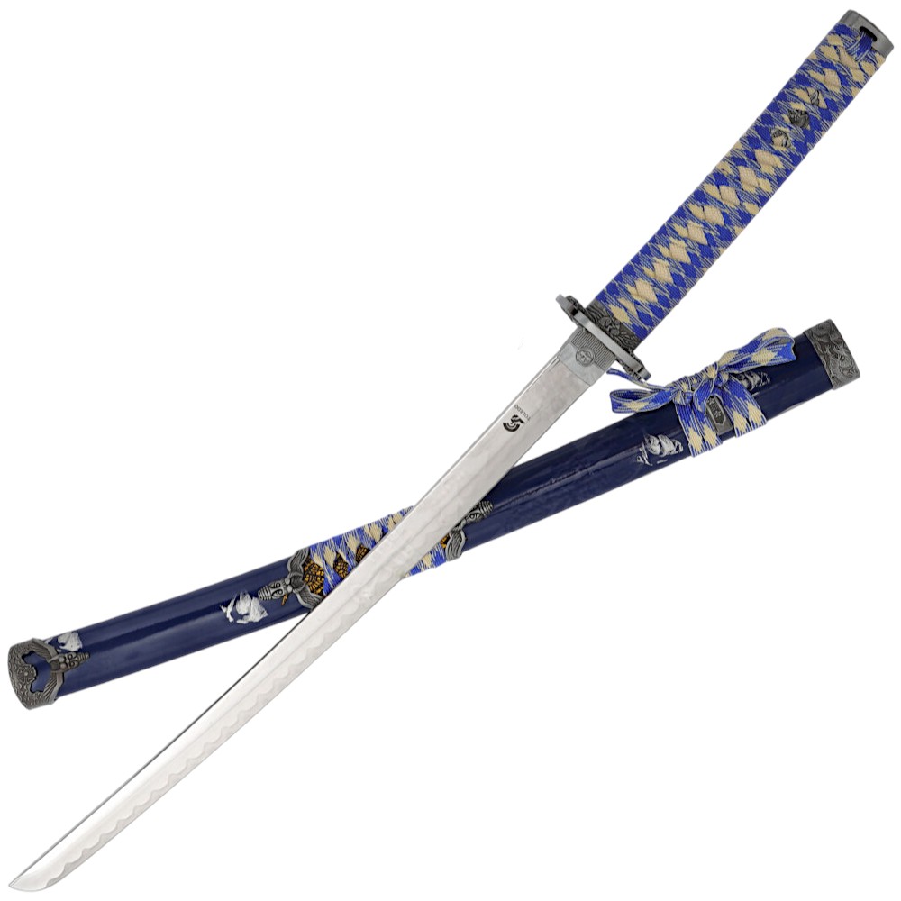 Wakizashi con mango trenzado azul y plata