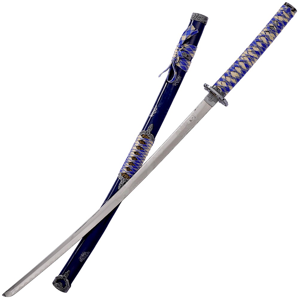 Katana con mango trenzado azul y plata