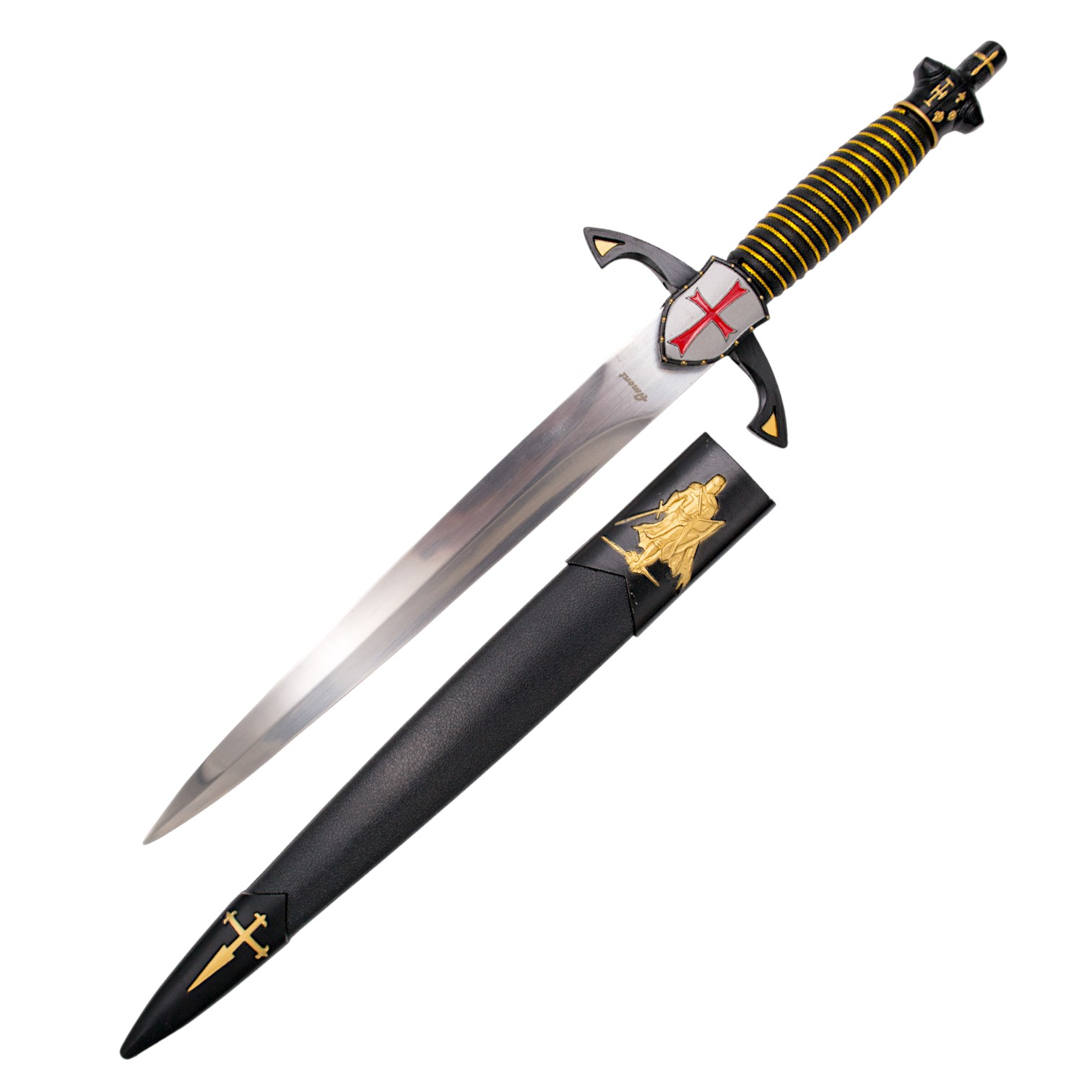 Daga templaria con hoja de 22 cm y mango de plástico negro con de...