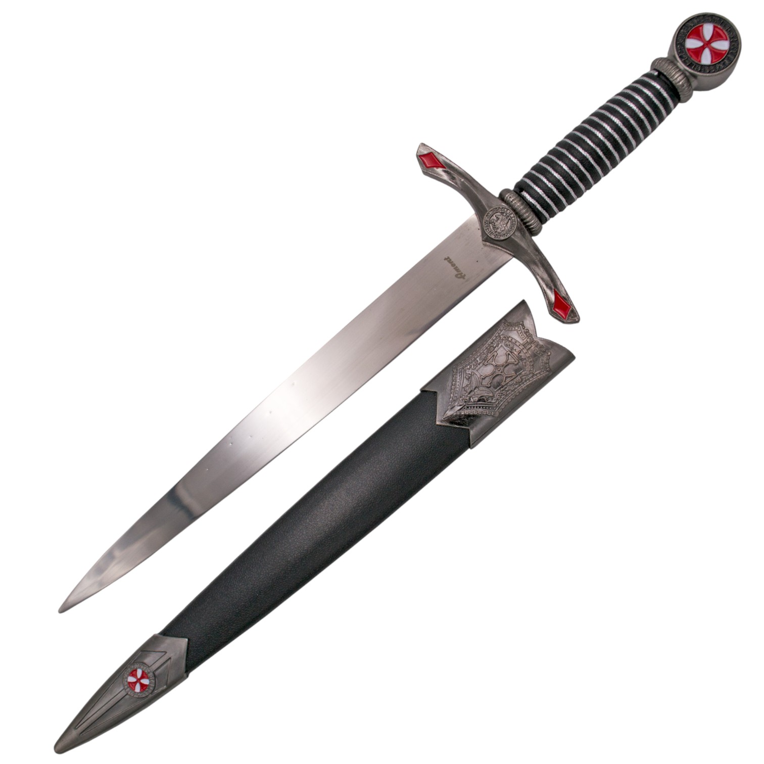 Daga templaria con hoja de 23 cm y mango de plástico negro con de...