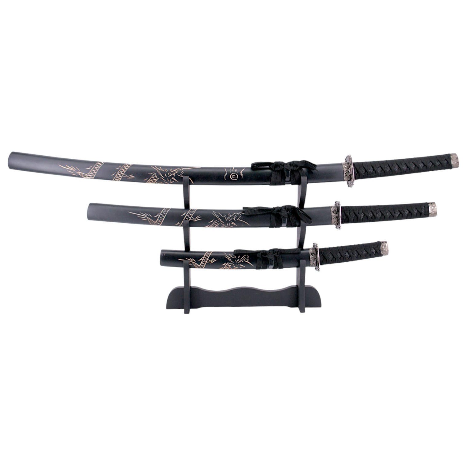 Set de 3 piezas katana wakizashi y tanto negros con vaina decorad...