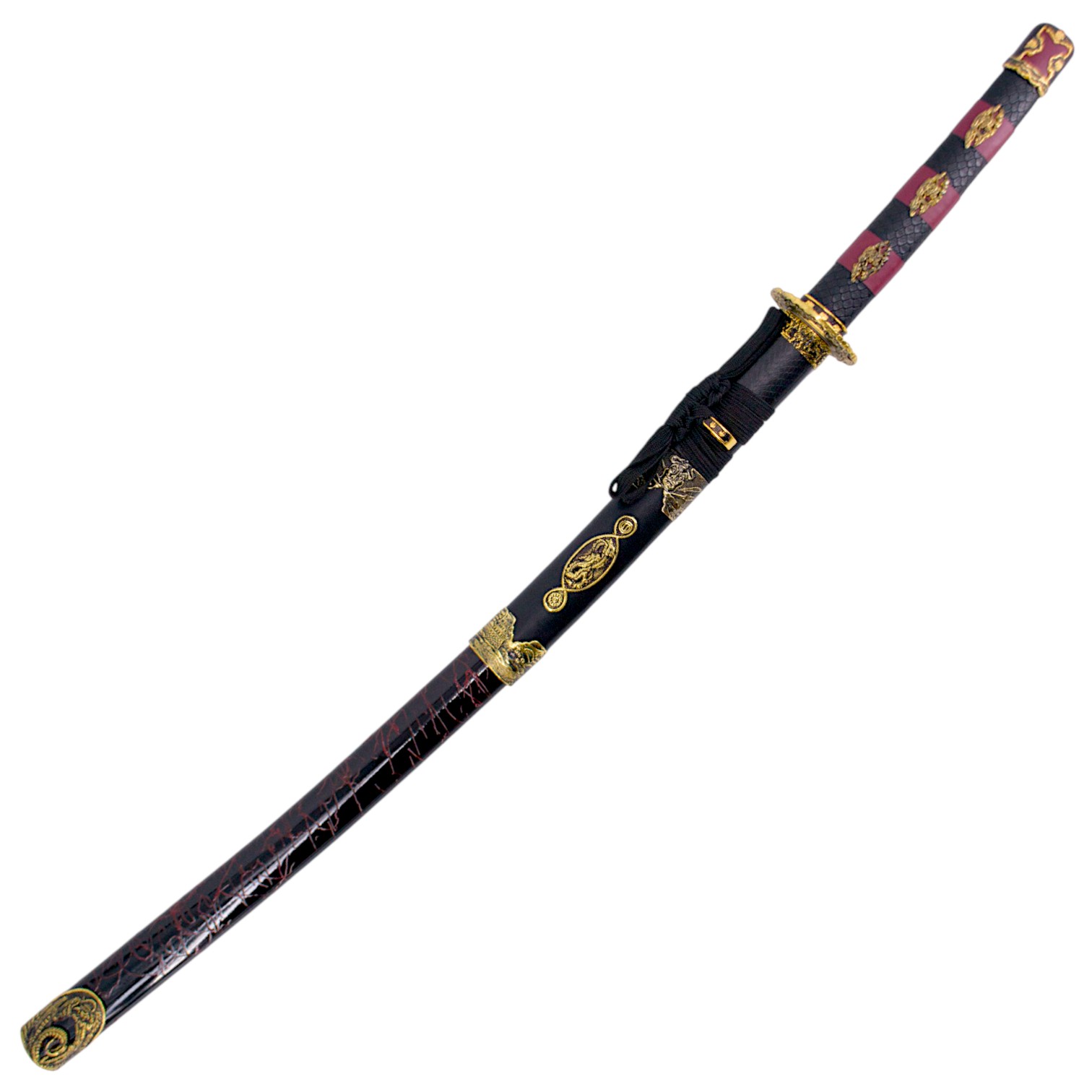 Katana negra y roja con hoja de acero de 70 cm con mango y vaina de imitación piel de serpiente