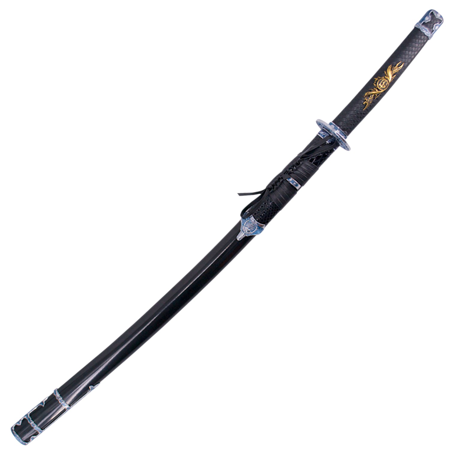 Katana negra con hoja de acero de 70 cm con mango y vaina de imitación piel de serpiente