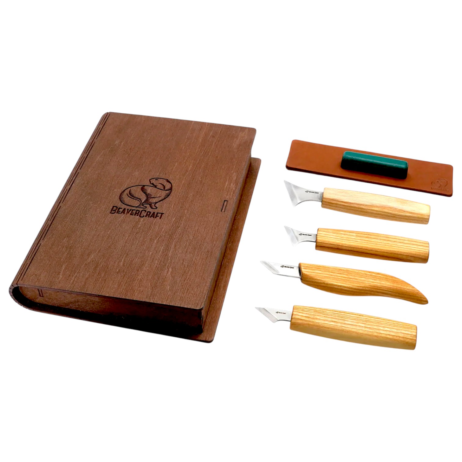 Juego de cuchillos para tallar madera en una caja con forma de li...