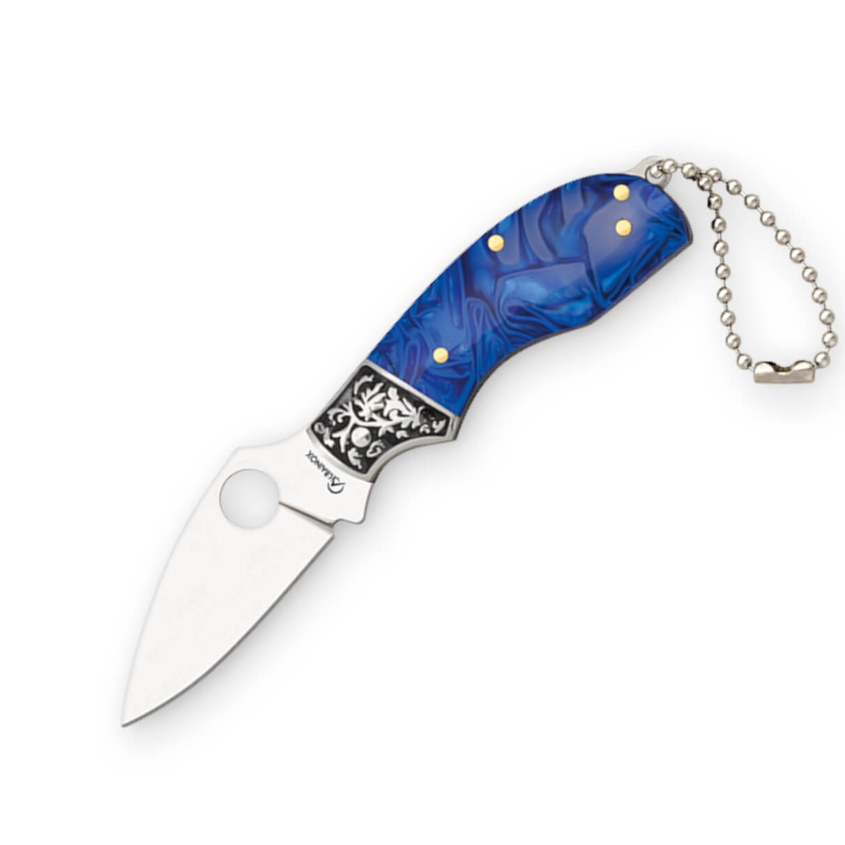 Navaja pequeña con mango acrílico azul decorado y hoja de acero d...