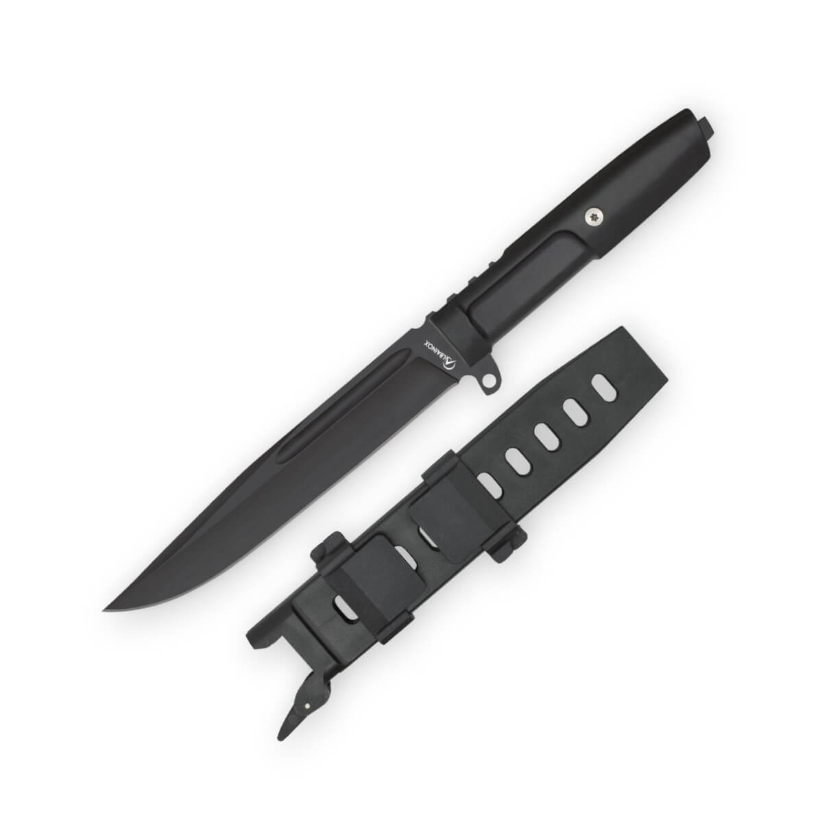 Cuchillo táctico negro con mango de goma y hoja de 16 cm