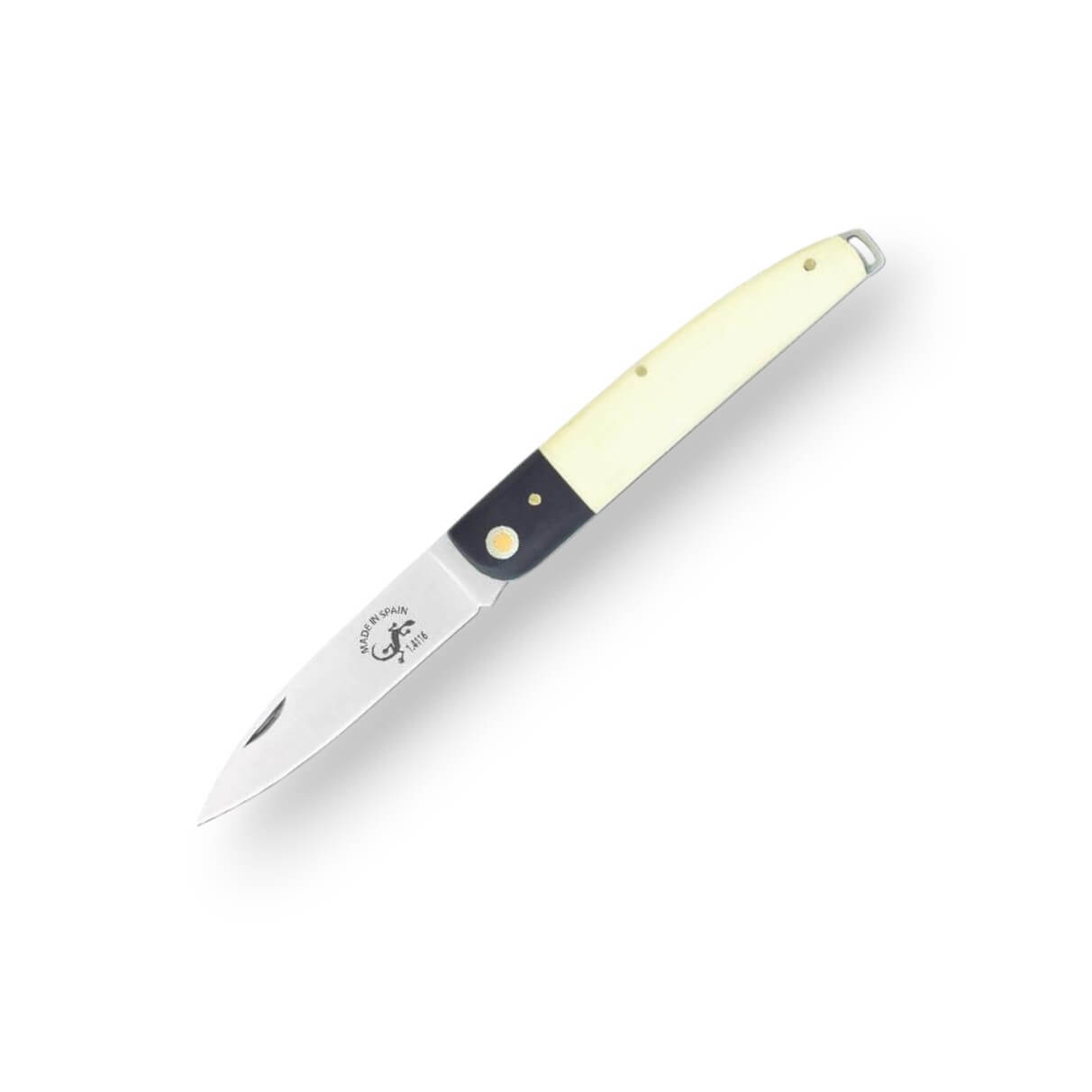 Navaja de bolsillo con mango de Juma blanca con virola negra y ho...