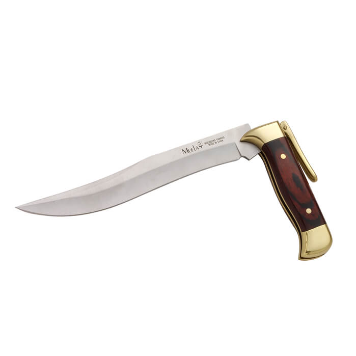 Cuchillo plegable con cachas de madera prensada coral y latón con...