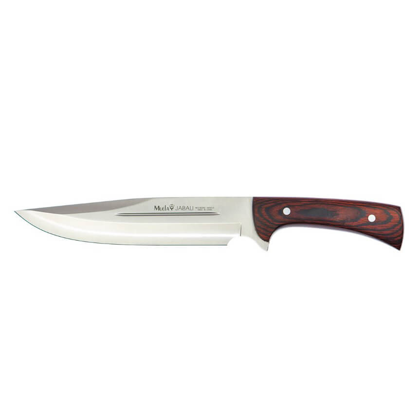 Cuchillo de caza Muela Jabalí con puño de madera prensada coral con longitud de hoja de 21 cm