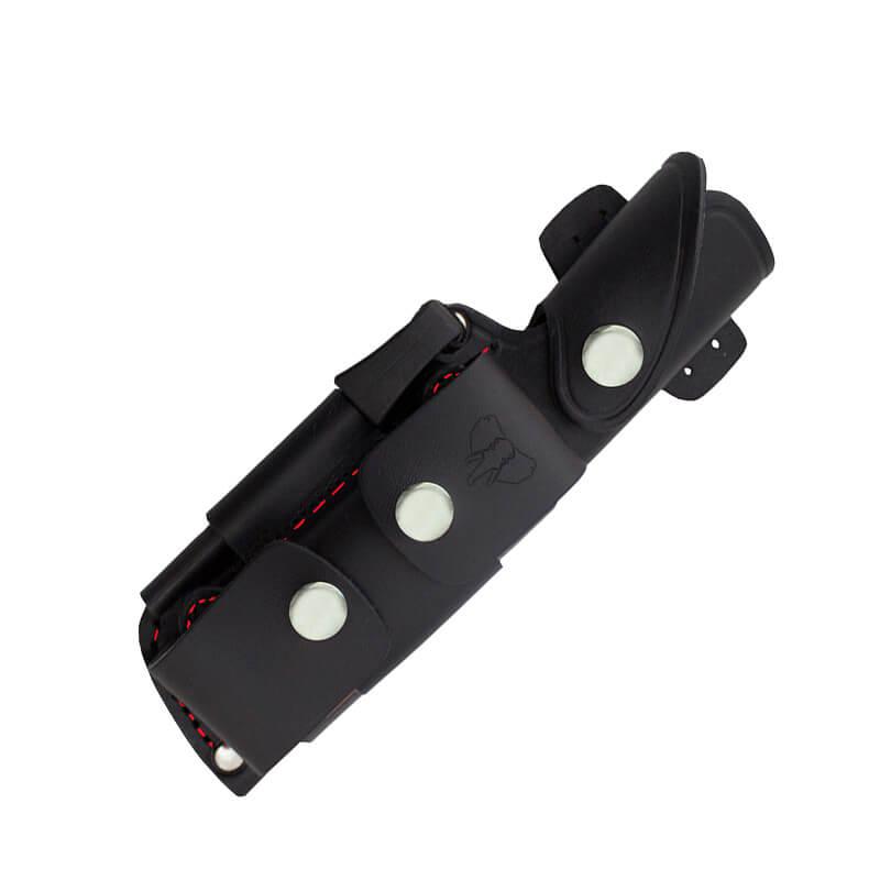 Cuchillo Bushcraft hoja de acero Böhler N695, Cachas de micarta negra. Funda de cuero con kit completo.