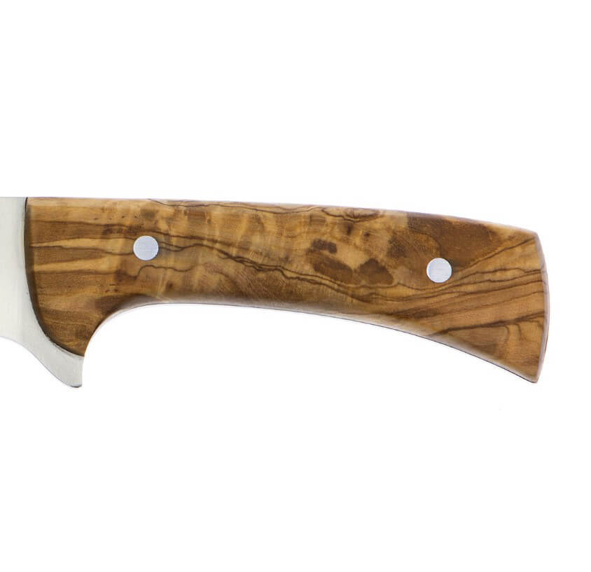 Cuchillo de caza Muela Jabali con mango de madera de olivo y hoja de acero Molibdeno Vanadio de 17 cm