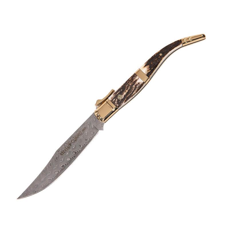 Navaja de acero damasco Muela Curro con mango de asta de ciervo