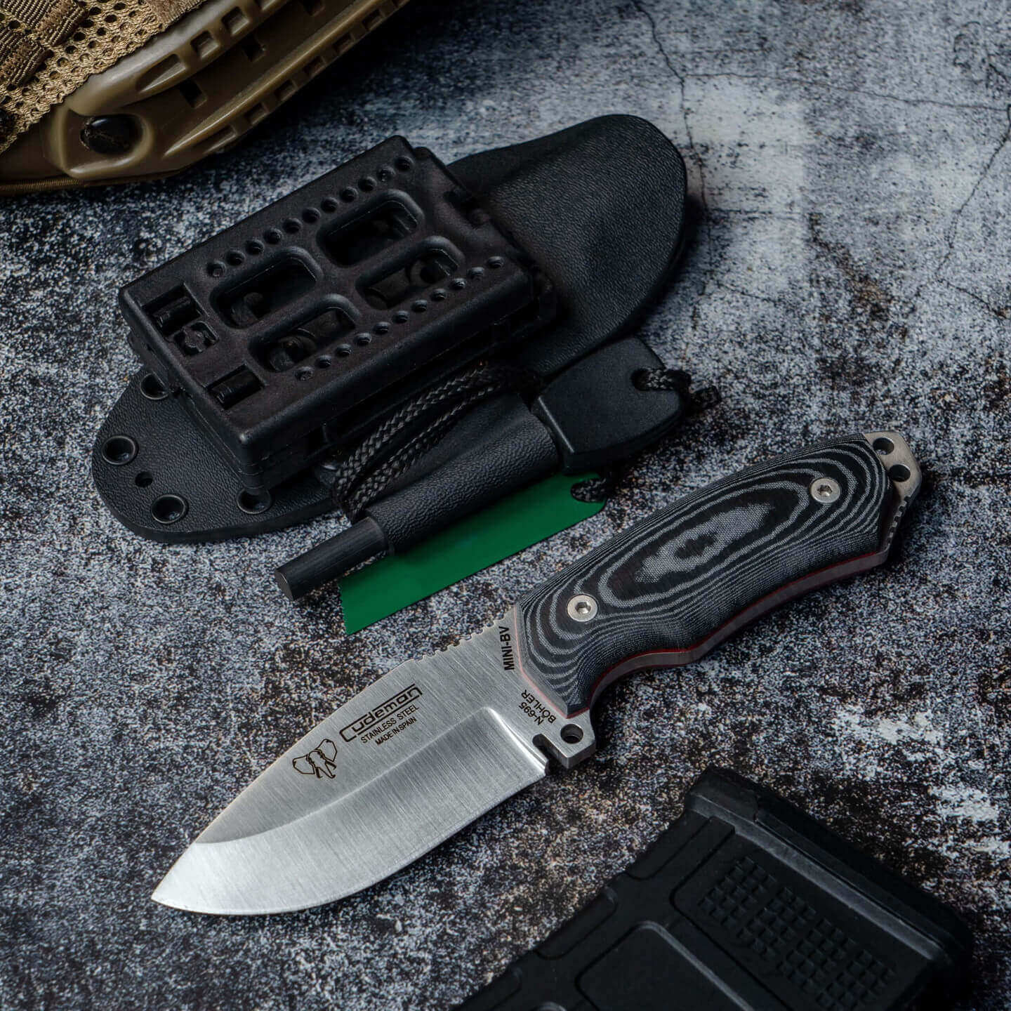 Cuchillo Cudeman Mini Boina Verde. Mango micarta negra. Acero BÖHLER N-695. Funda Kydex