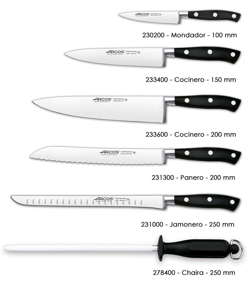 Juego de cocina Arcos Riviera Negra con 5 cuchillos y chaira