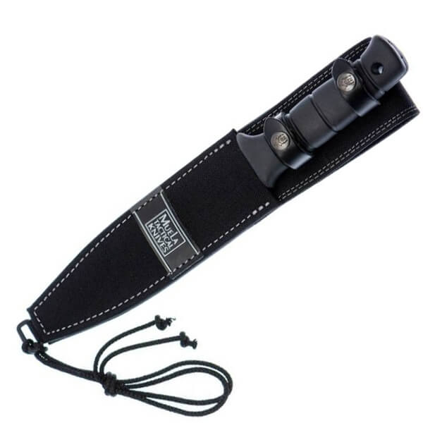 Faca tática Muela Tornado-18N com cabo de borracha preta e lâmina preta de 18 cm