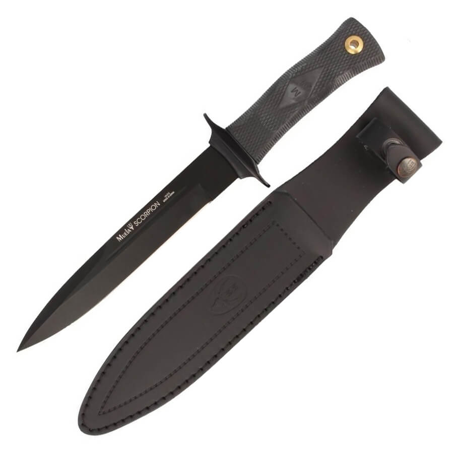 Cuchillo de caza Muela Scorpion-19N con mango de goma negra y hoja negra de 19 cm