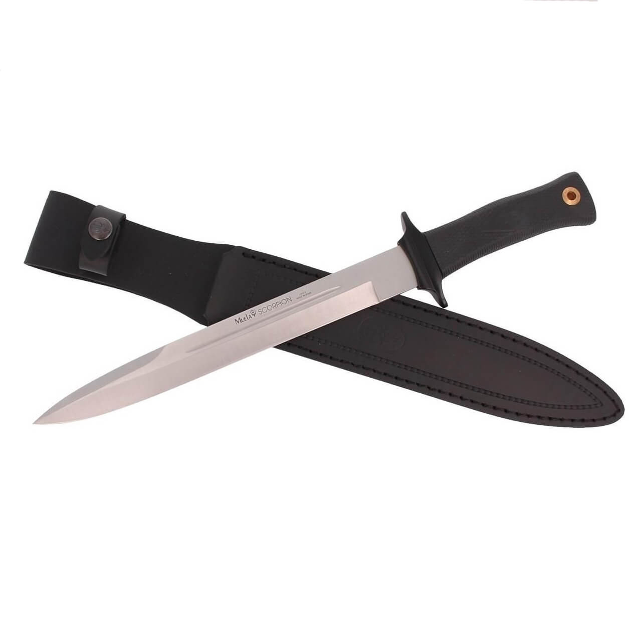 Cuchillo de caza Muela Scorpion-26W con mango de goma negra y hoja satinada de 26 cm