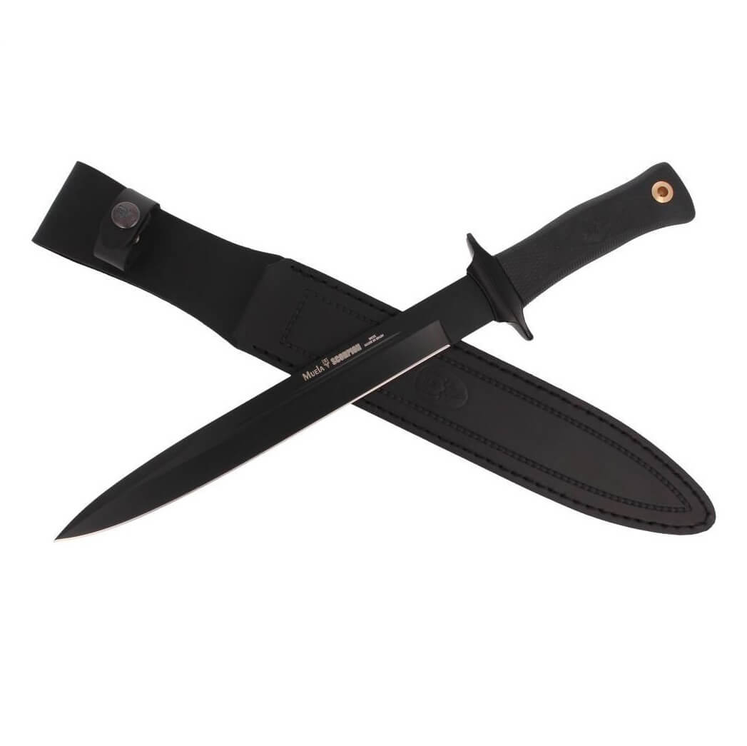 Cuchillo de caza Muela Scorpion-26N con mango de goma negra y hoja negra de 26 cm