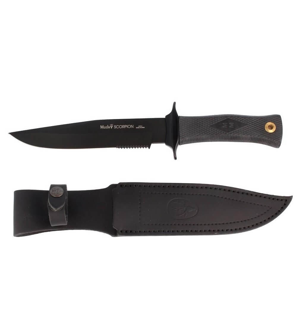 Cuchillo de caza Muela Scorpion-18N con mango de goma negra y hoja negra de 18 cm