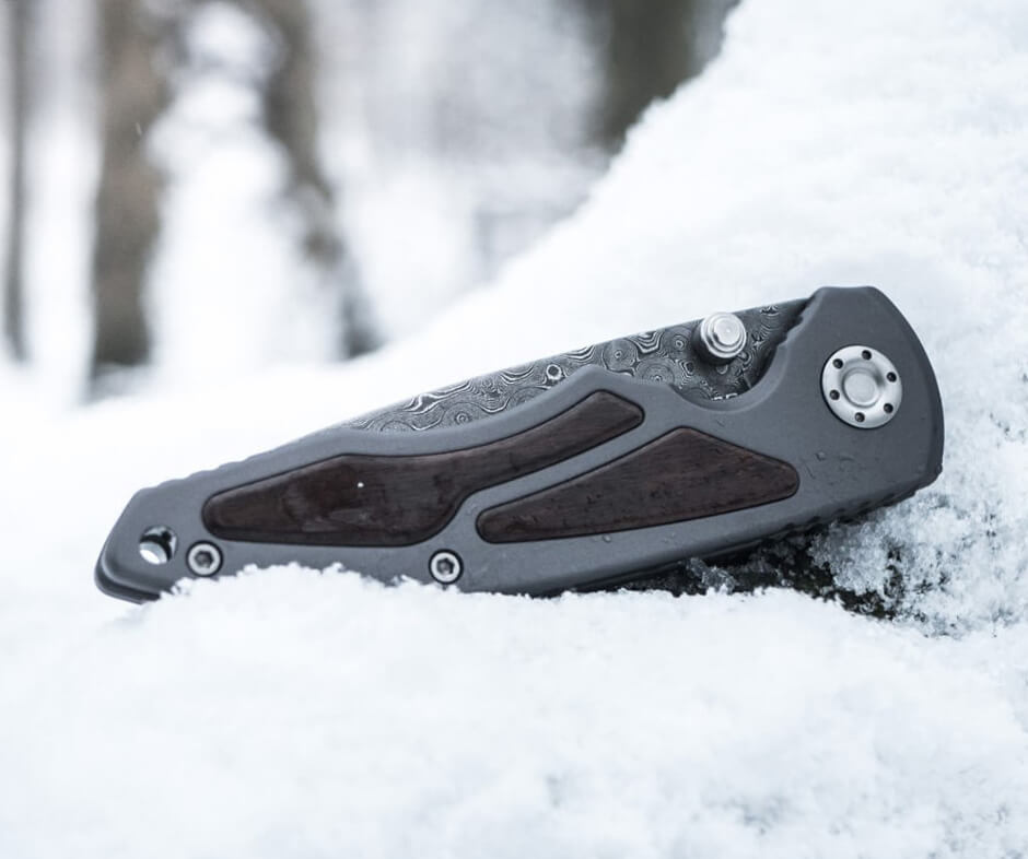 Boker Leopard-Damast I navaja con hoja de damasco y mango de aluminioo y madera de ziricote