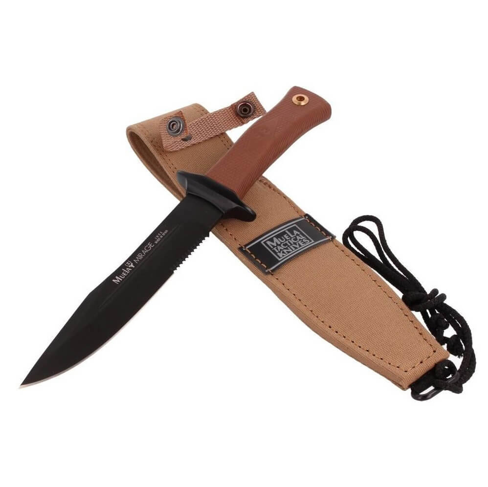 Cuchillo táctico Muela Mirage 18NM con mango de goma marrón y hoja negra