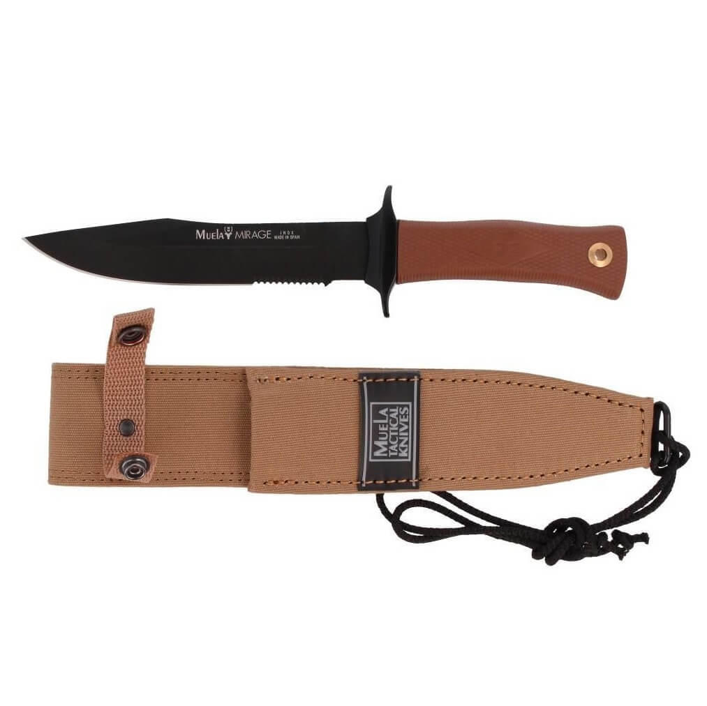 Cuchillo táctico Muela Mirage 18NM con mango de goma marrón y hoja negra