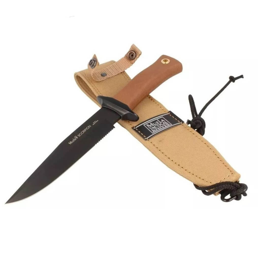 Cuchillo táctico Muela Scorpion 18NM con mango de goma marrón y hoja negra