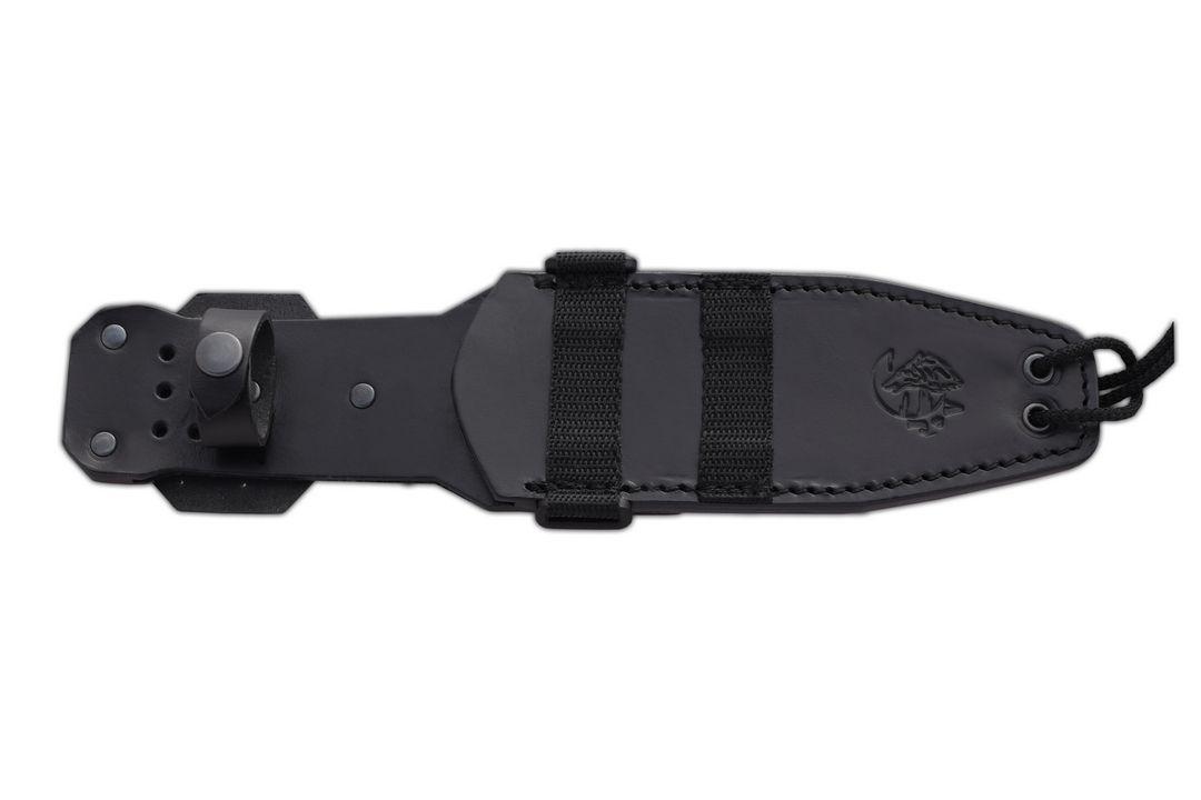 JV Chacal Makro cuchillo bushcraft con mango de micarta negra y funda de piel