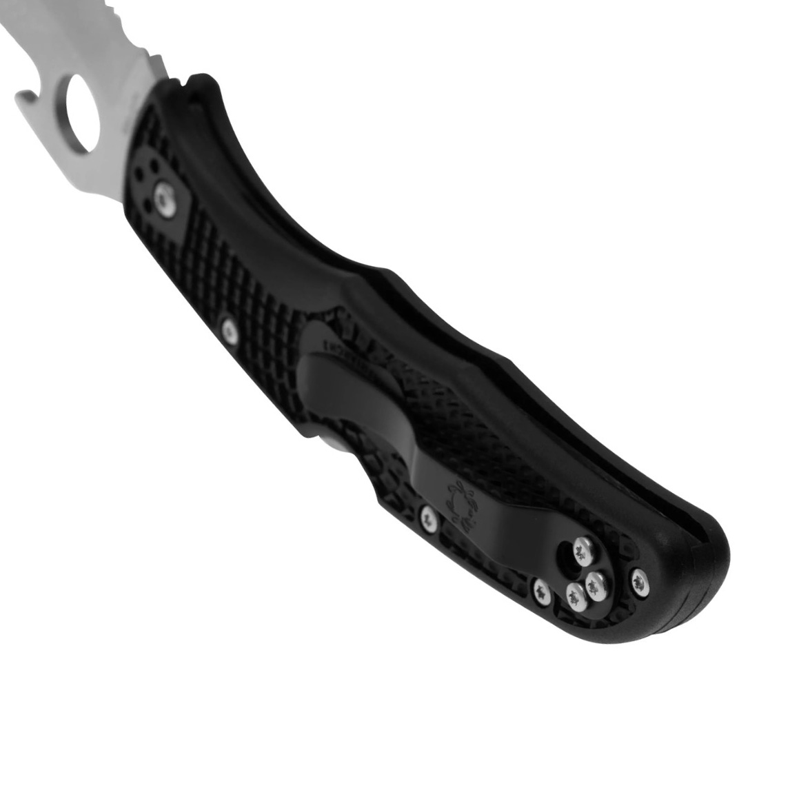 Navaja Matriarch 2 de Spyderco con mango de FRN negro y hoja dentada de VG10 con apertura Emerson