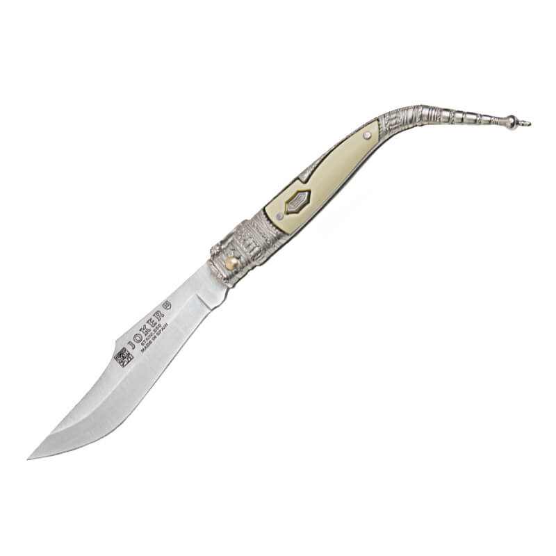 Navaja clásica bandolero con mango de zamak blanco y plata decora...