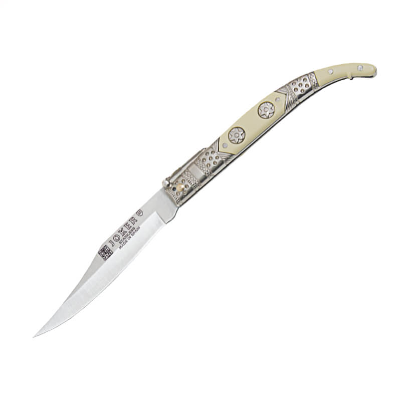 Navaja clásica Joker con puño de zamak blanco y plata decorado y ...