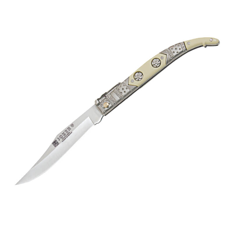 Navaja clásica Joker con puño de zamak blanco decorado y hoja de ...