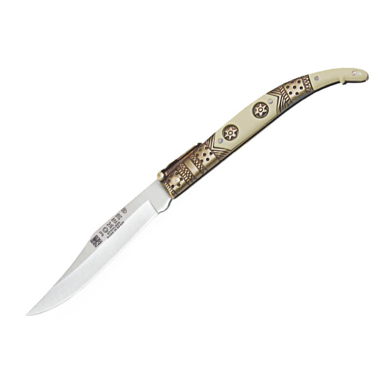 Navaja clásica Joker con puño de zamak blanco y dorado decorado y...