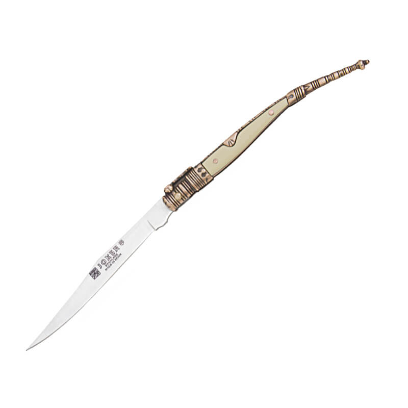 Navaja clásica estilete con mango de zamak blanco y dorado decora...