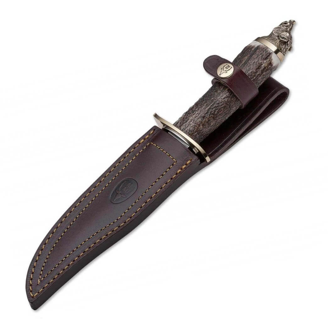 Couteau de chasse Muela Wolf-16A avec manche en bois de cerf avec tête de loup décorative