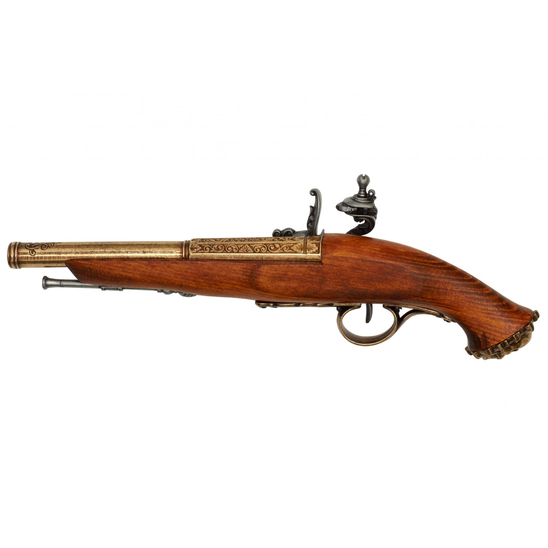 Pistola pirata de chispa de madera y metal S. XVIII acabado latón