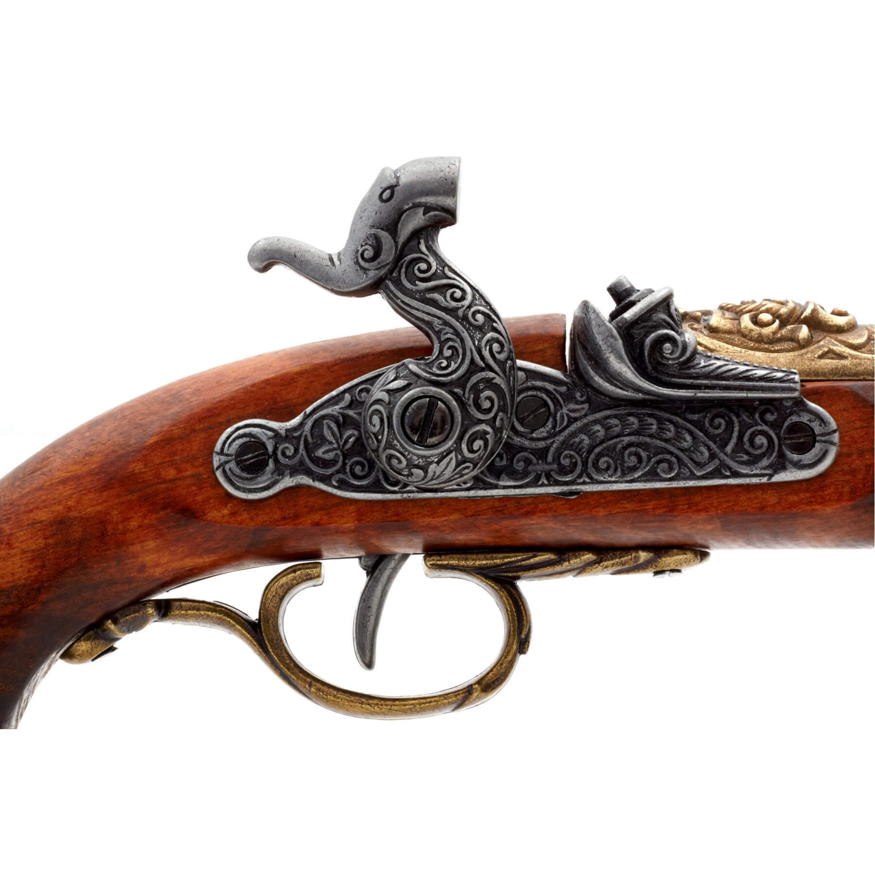 Pistola de percusión pirata de madera y metal acabado latón Italia S. XVIII