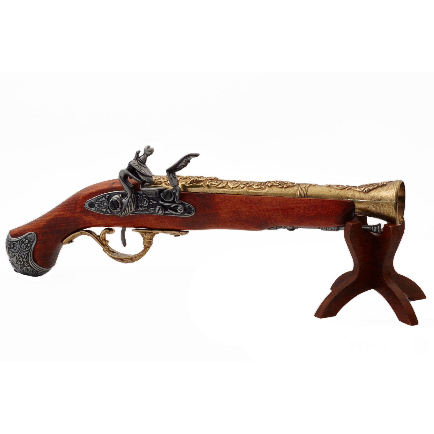 Pistola de pederneira em madeira e metal com acabamento em latão, Inglaterra, século XVIII