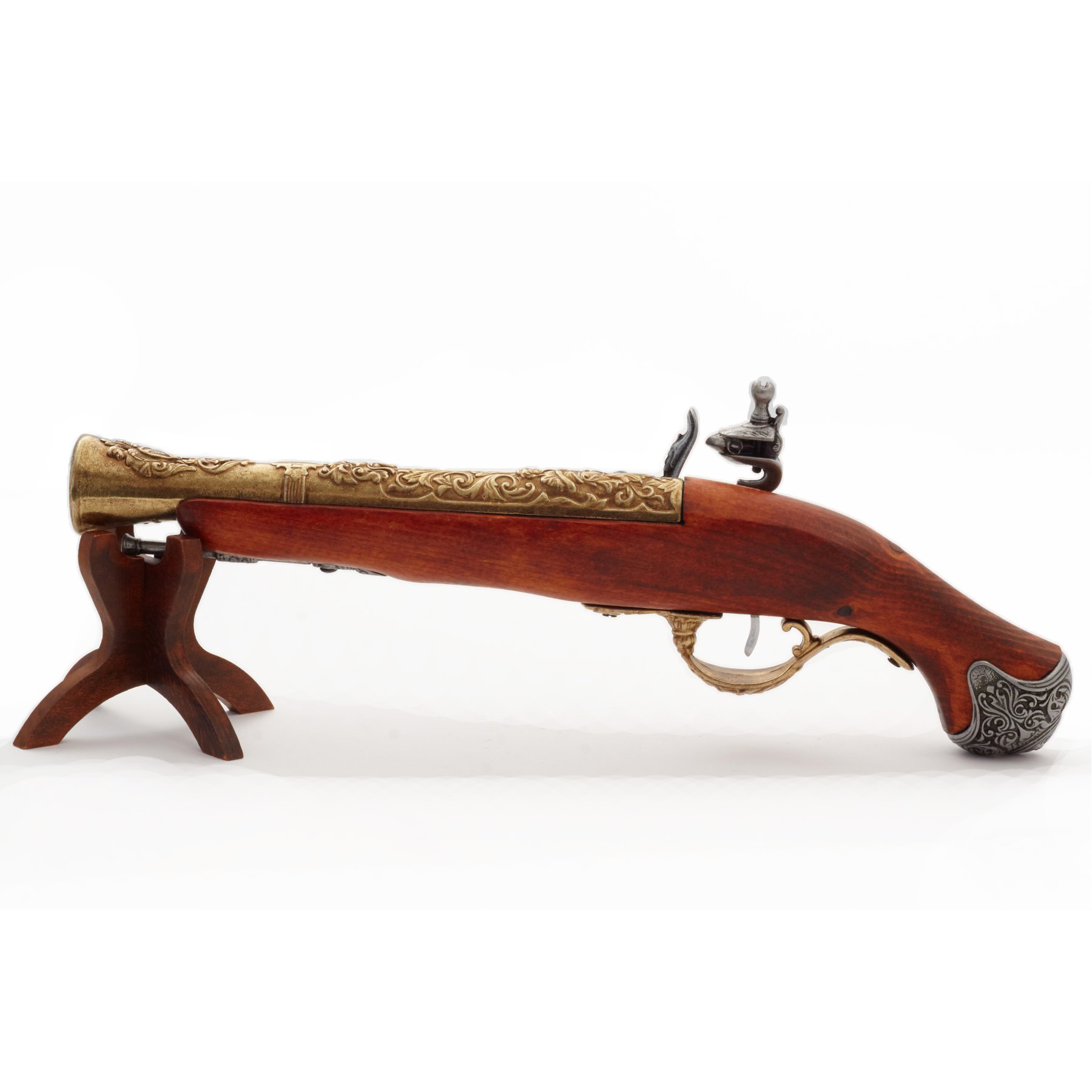 Pistola de pederneira em madeira e metal com acabamento em latão, Inglaterra, século XVIII