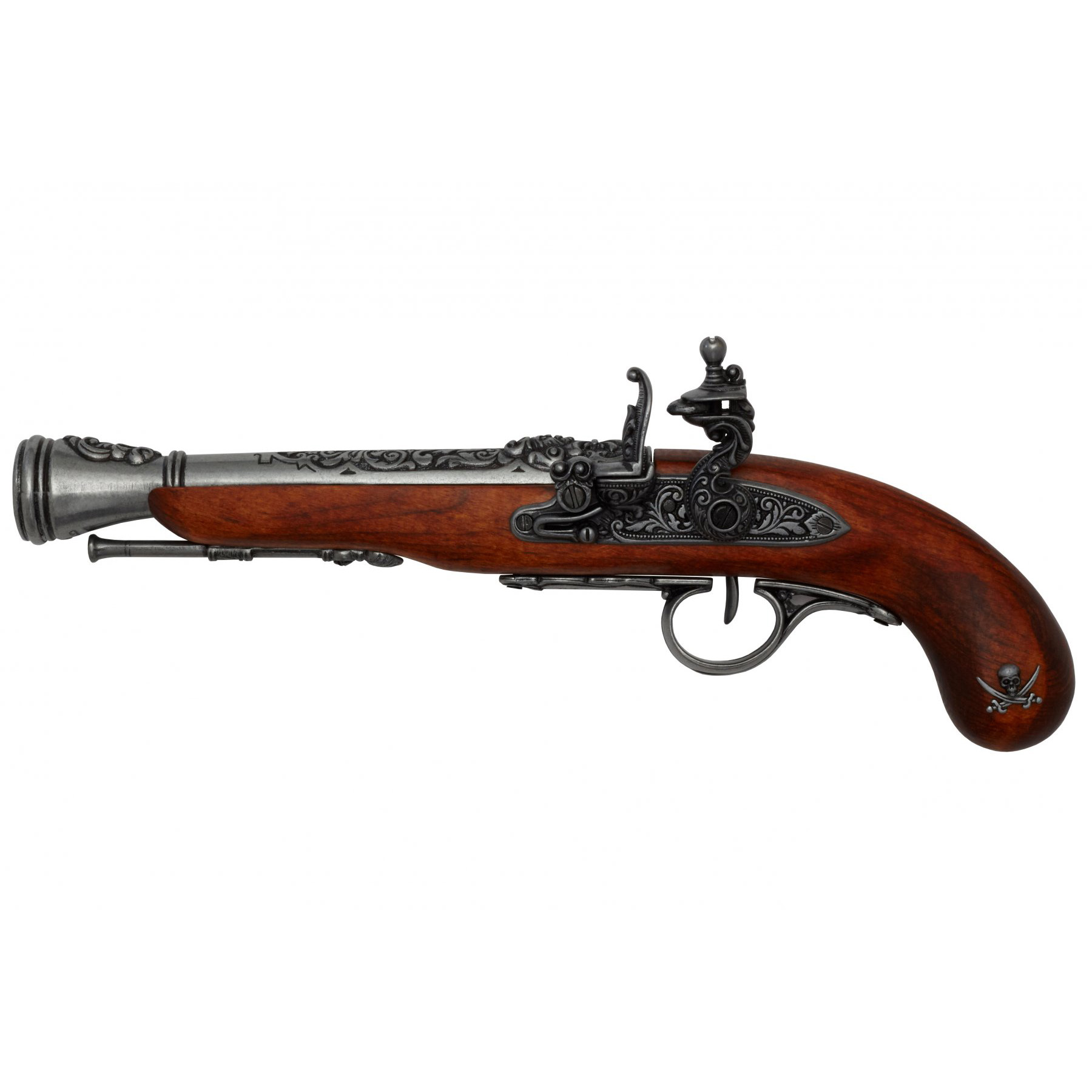 Pistola de chispa pirata zurda de madera y metal S. XVIII