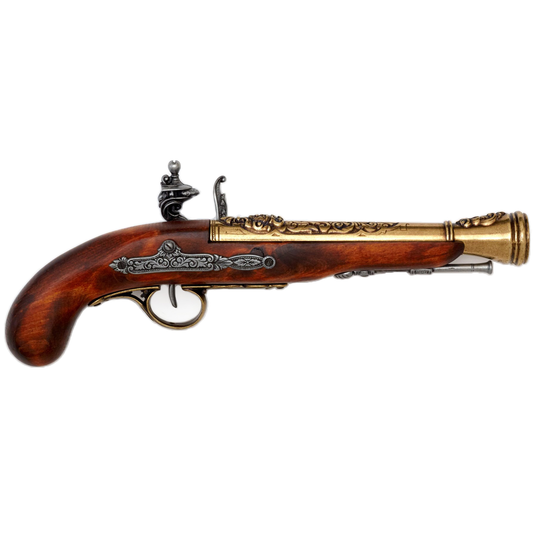 Pistola de chispa pirata zurda de madera y metal acabado latón S.XVIII