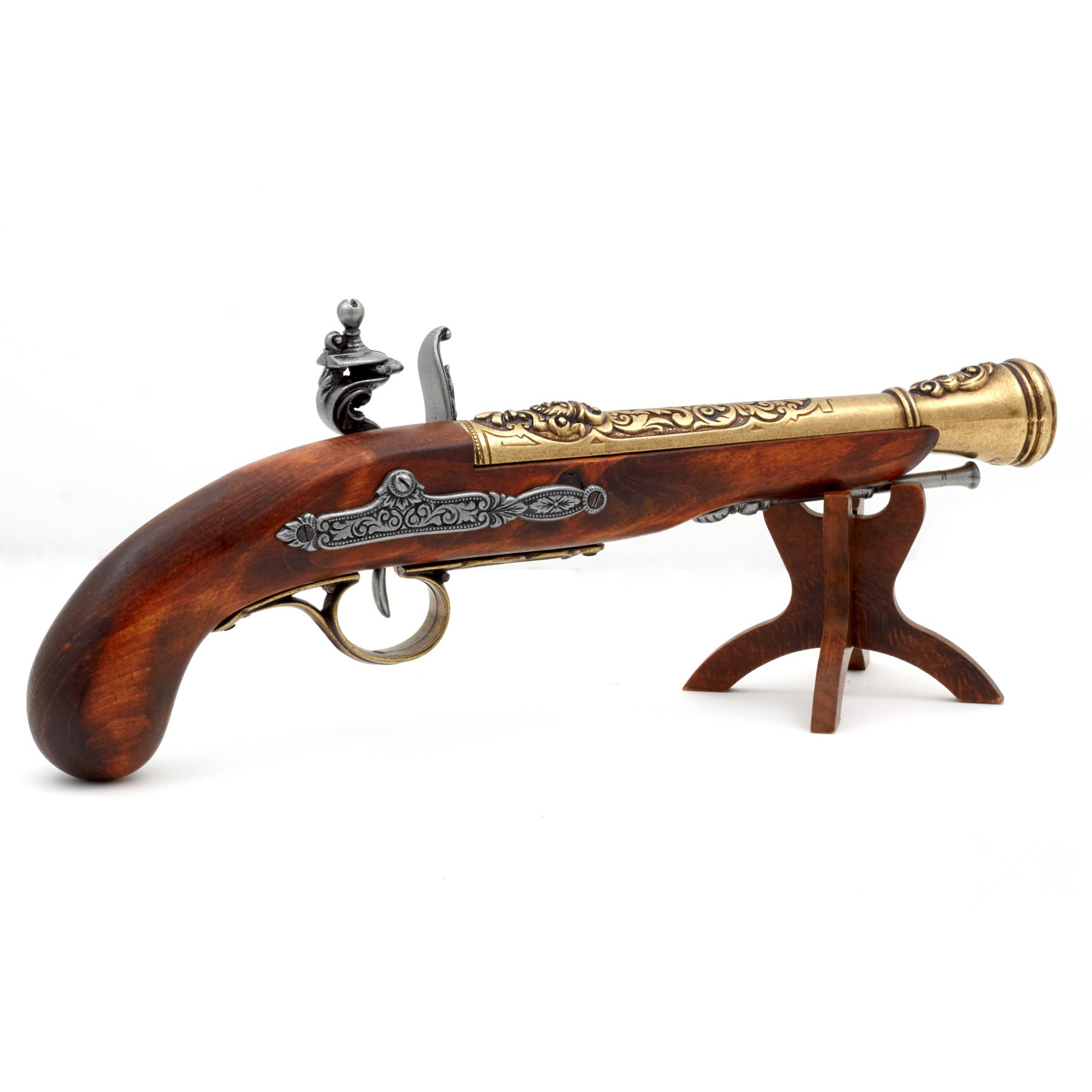 Pistola de chispa pirata zurda de madera y metal acabado latón S.XVIII