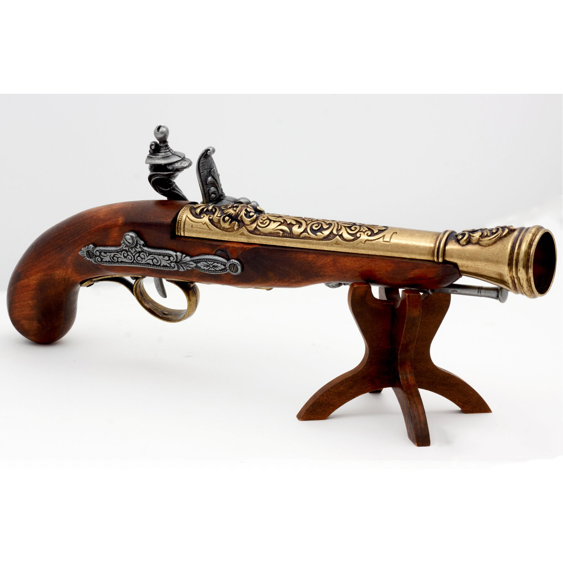 Pistola de chispa pirata zurda de madera y metal acabado latón S.XVIII