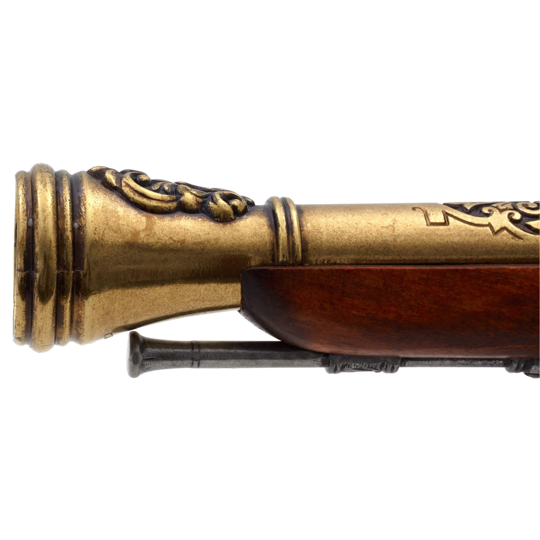 Pistola de chispa pirata zurda de madera y metal acabado latón S.XVIII