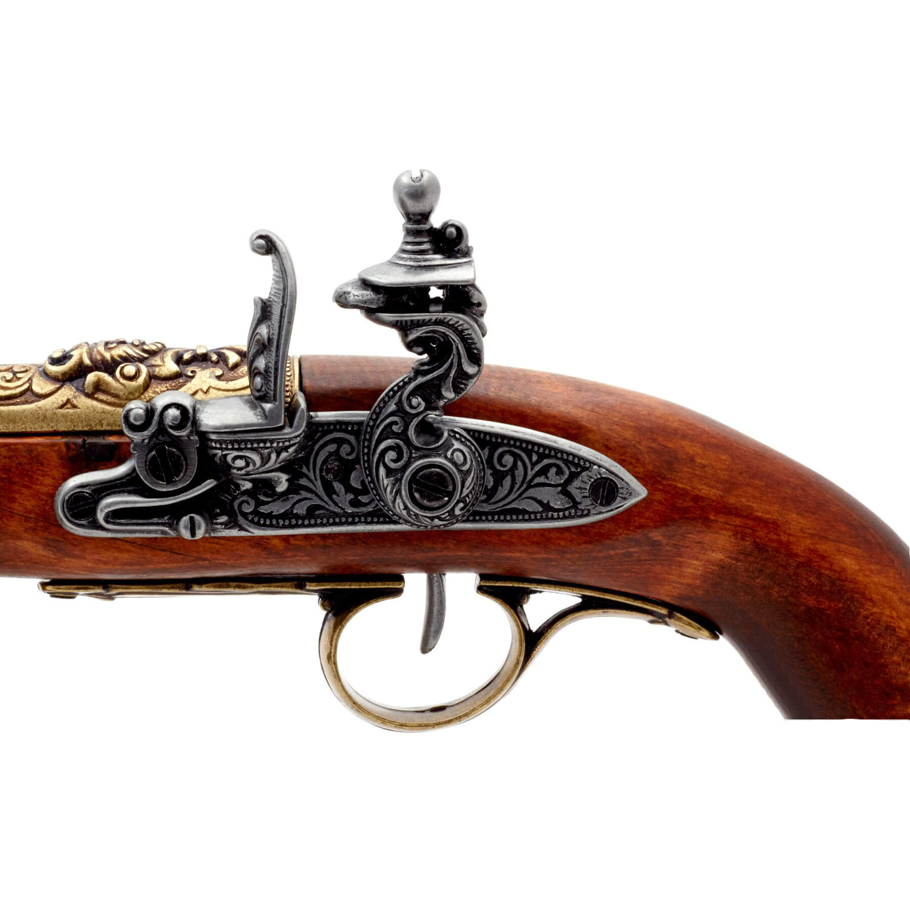 Pistola de chispa pirata zurda de madera y metal acabado latón S.XVIII